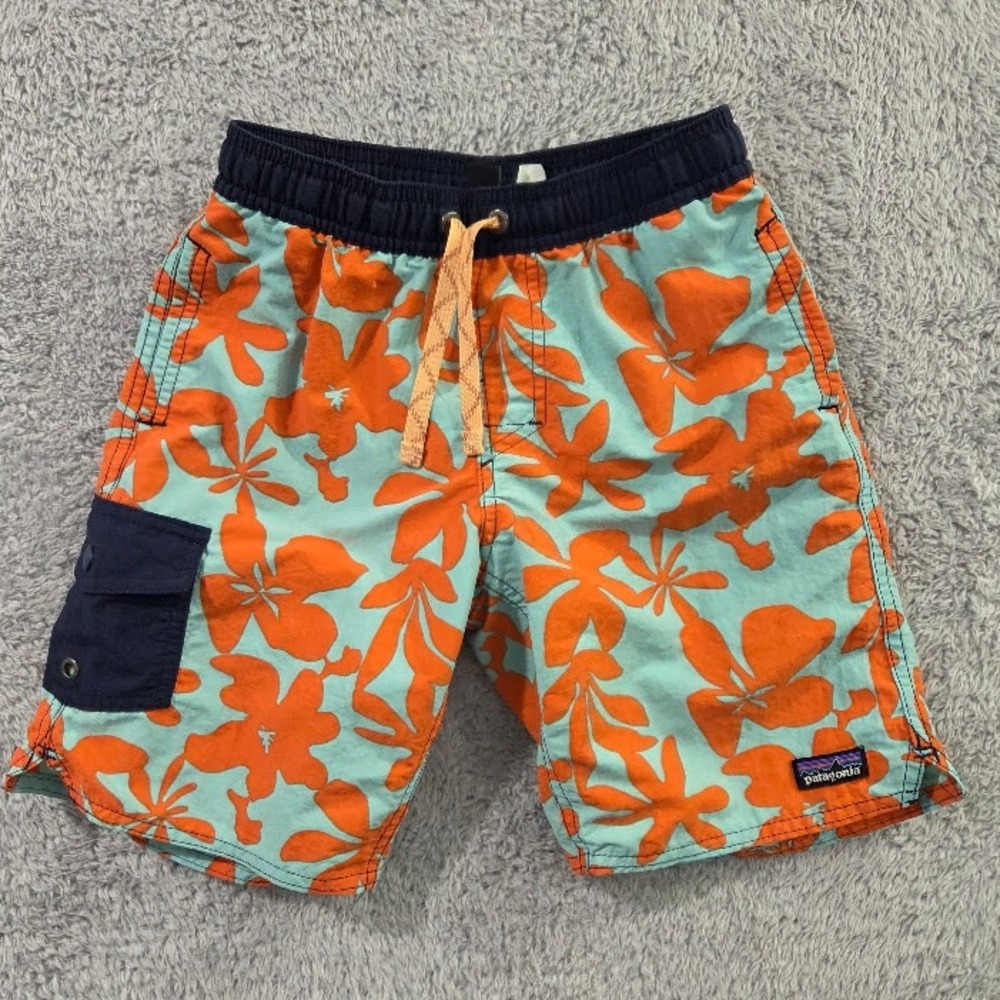 Patagonia Swim Shorts Boys Small Blue Orange Floral Baggies NetPlus Board Shorts